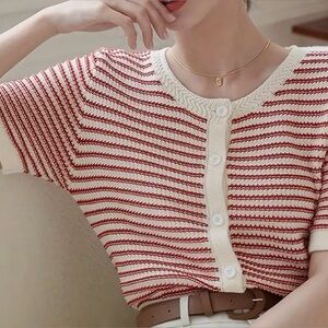 Striped Red and White Women's crochet Sweater